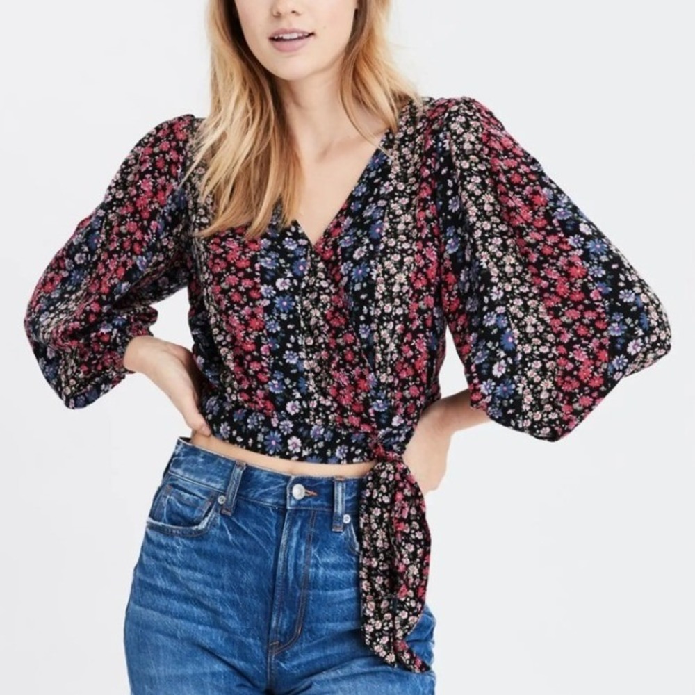 American Eagle M Floral Wrap Crop Top Patchwork Print Balloon Sleeve Cottagecore